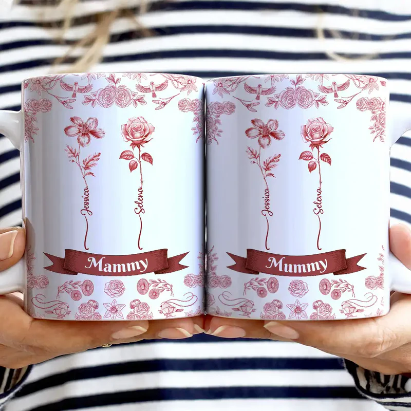 Toile De Jouy Birth Flowers For Grandma And Mom - Personalized White Edge-to-Edge Mug