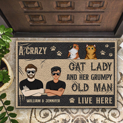 Cat Lovers Crazy Cat Lady And Grumpy Old Man Live Here - Personalized Custom Doormat