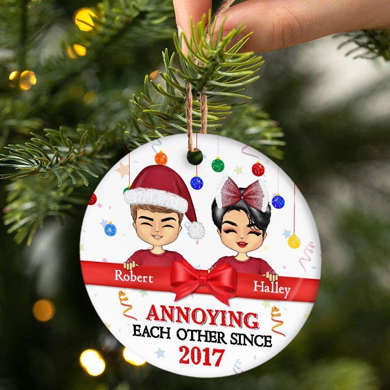 Christmas Chibi Couple Annoying Each Other Since - Personalized Custom Circle Ceramic Ornament