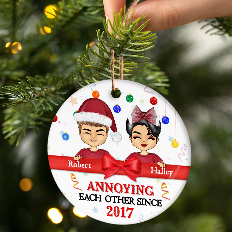 Christmas Chibi Couple Annoying Each Other Since - Personalized Custom Circle Ornament