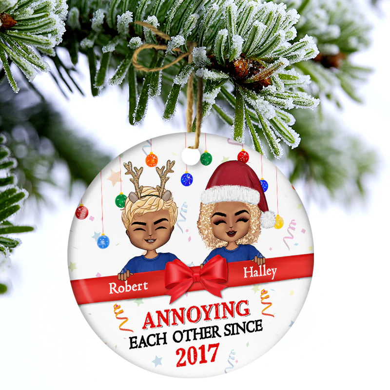 Christmas Chibi Couple Annoying Each Other Since - Personalized Custom Circle Ornament