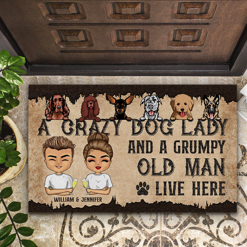 Dog Lovers Chibi Couple Family A Crazy Dog Lady And Grumpy Old Man - Personalized Custom Doormat