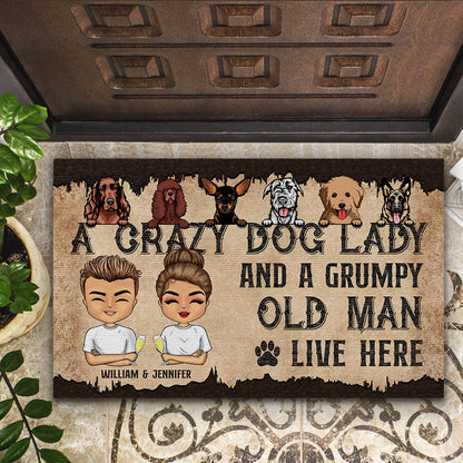 Dog Lovers Chibi Couple Family A Crazy Dog Lady And Grumpy Old Man - Personalized Custom Doormat