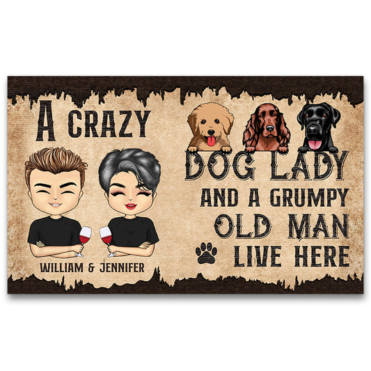 Dog Lovers Chibi Couple Family A Crazy Dog Lady And Grumpy Old Man - Personalized Custom Doormat