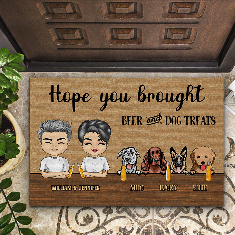 Chibi Family Couple Hope You Brought Wine And Dog Treats - Personalized Custom Doormat