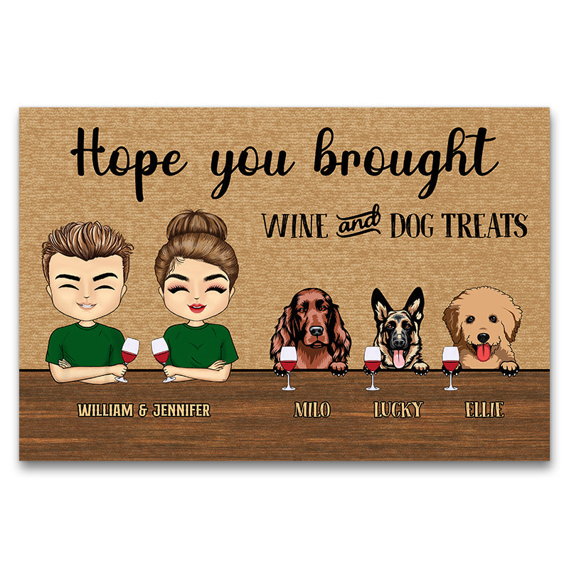 Chibi Family Couple Hope You Brought Wine And Dog Treats - Personalized Custom Doormat