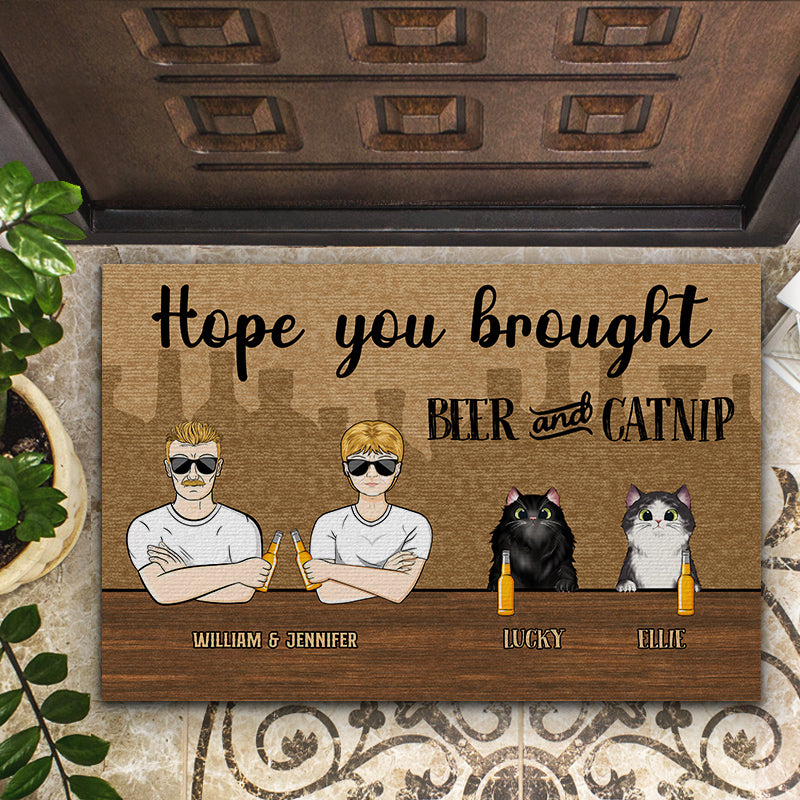 Family Couple Hope You Brought Wine And Catnip - Personalized Custom Doormat
