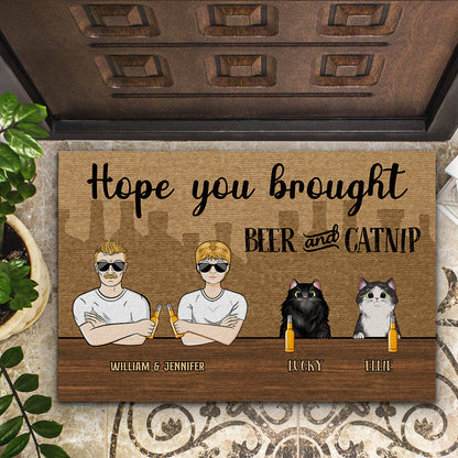 Family Couple Hope You Brought Wine And Catnip - Personalized Custom Doormat