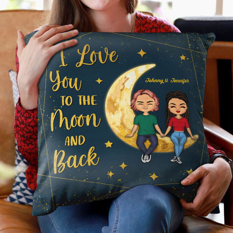 Couple Chibi I Love You To The Moon And Back - Personalized Custom Pillow