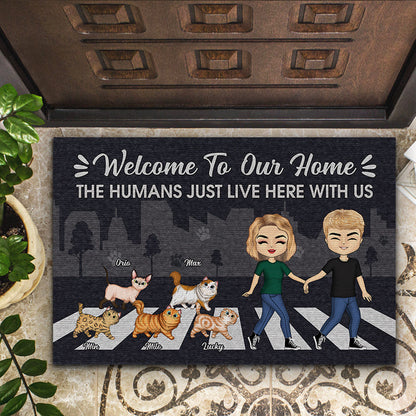 Couple Chibi Cat Lovers The Human Just Live Here - Personalized Custom Doormat