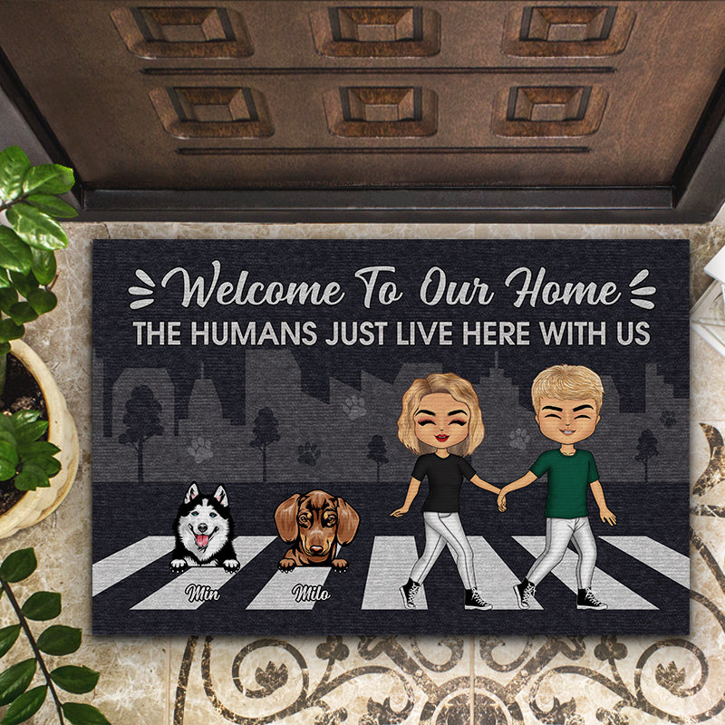 Couple Chibi Dog Lovers The Human Just Live Here - Personalized Custom Doormat