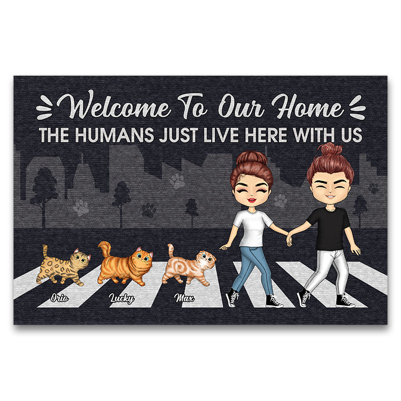Couple Chibi Cat Lovers The Human Just Live Here - Personalized Custom Doormat