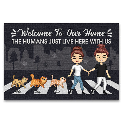 Couple Chibi Cat Lovers The Human Just Live Here - Personalized Custom Doormat
