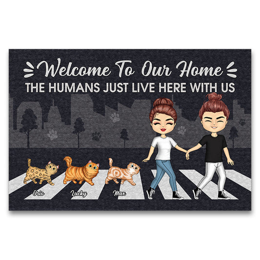 Couple Chibi Cat Lovers The Human Just Live Here - Personalized Custom Doormat