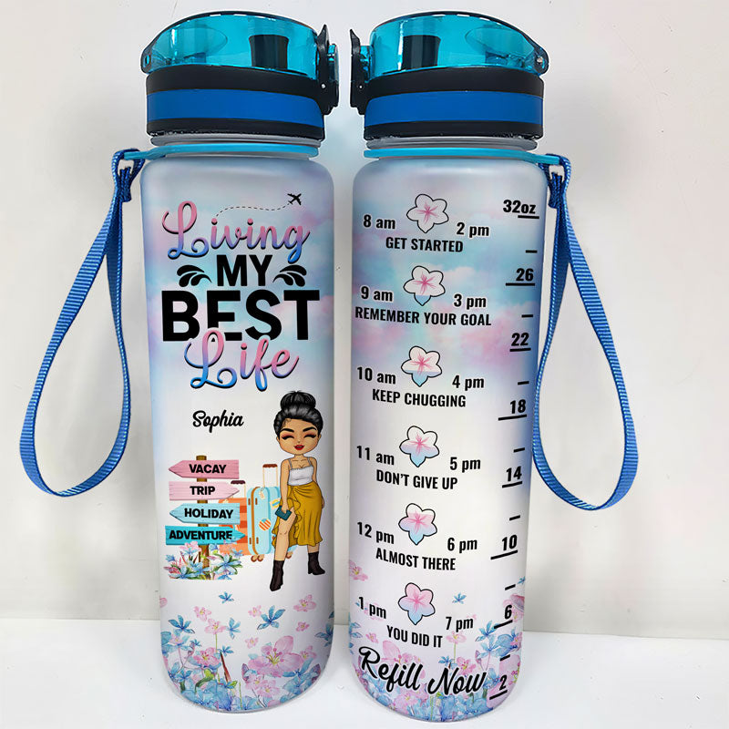 Travel Chibi Girl Living My Best Life - Personalized Custom Water Tracker Bottle