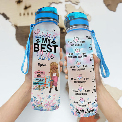 Travel Chibi Girl Living My Best Life - Personalized Custom Water Tracker Bottle