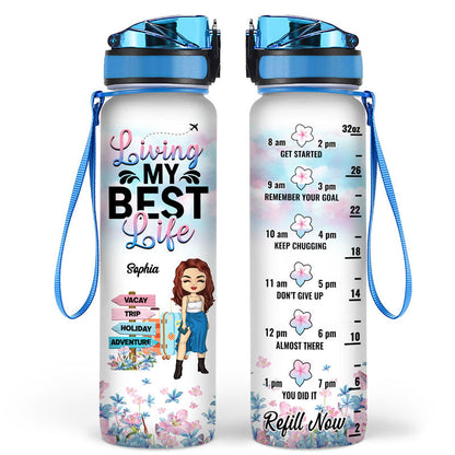 Travel Chibi Girl Living My Best Life - Personalized Custom Water Tracker Bottle