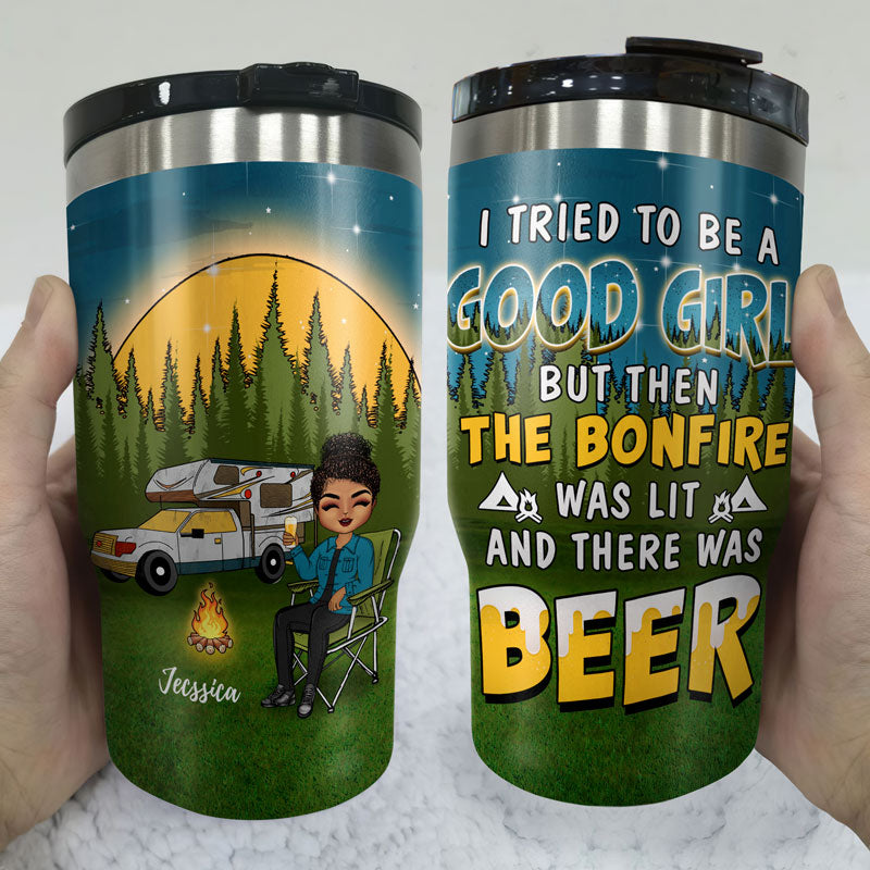 Camping I Tried To Be A Good Girl - Personalized Custom Triple 3 In 1 Can Cooler