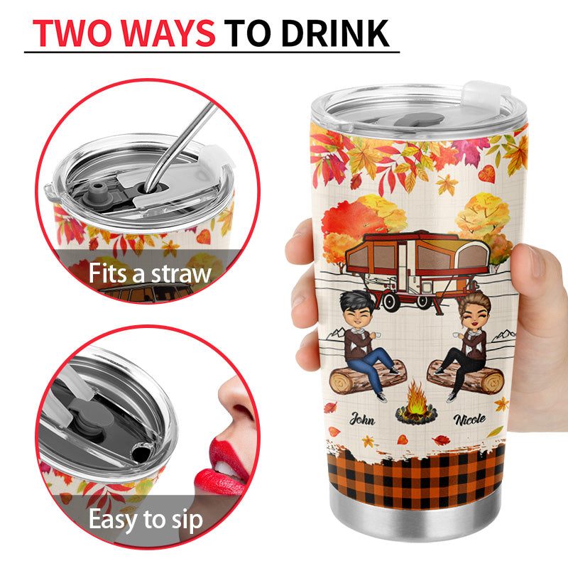 Autumn Camping Couple Sit By The Campfire - Personalized Custom Tumbler