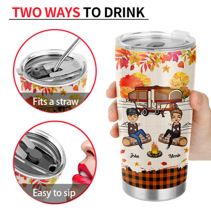 Autumn Camping Couple Sit By The Campfire - Personalized Custom Tumbler
