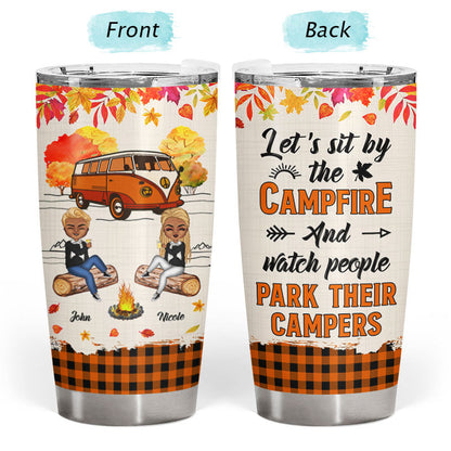 Autumn Camping Couple Sit By The Campfire - Personalized Custom Tumbler