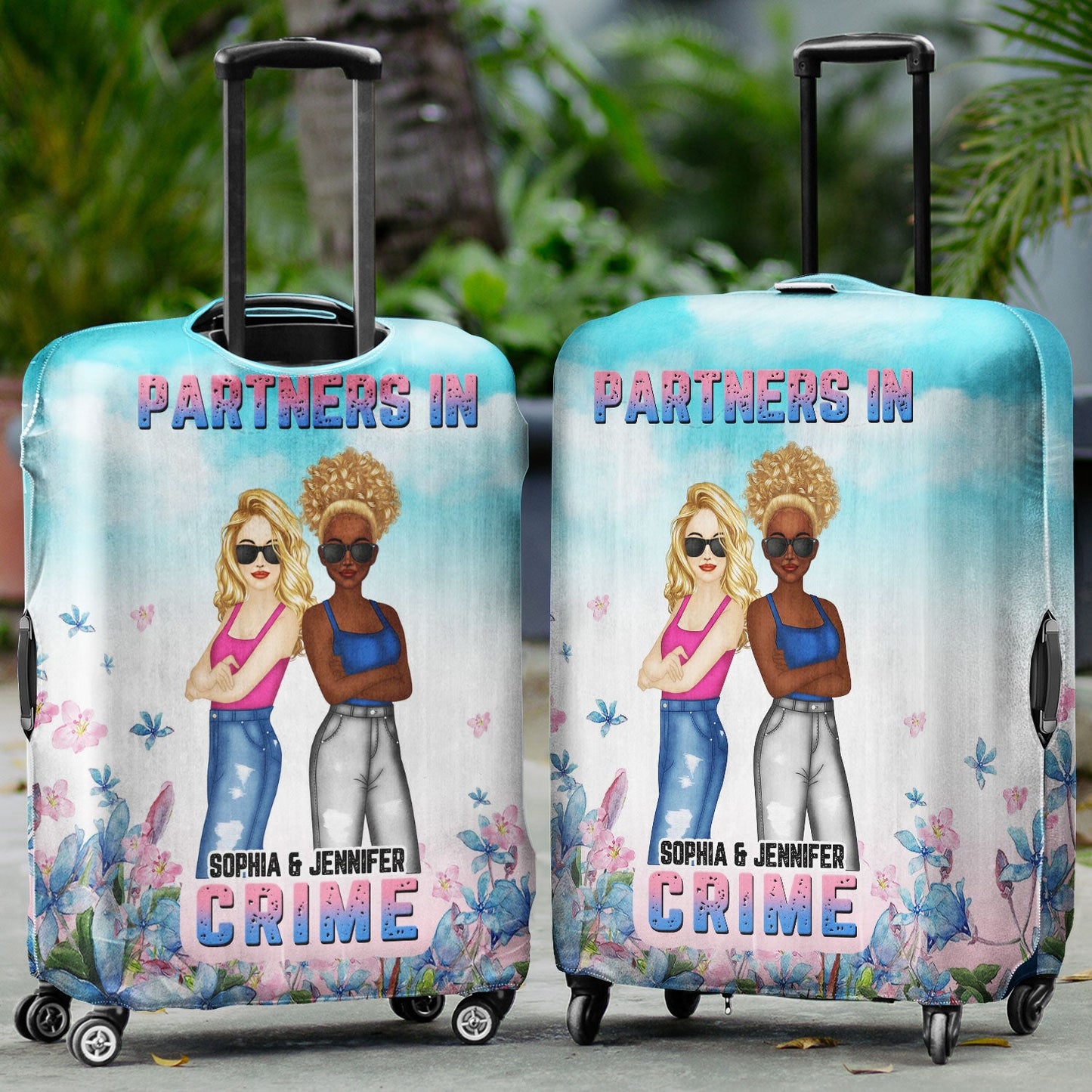Bestie Floral Fashion Partners In Crime - Funny Gift For Bestie - Personalized Custom Luggage Cover