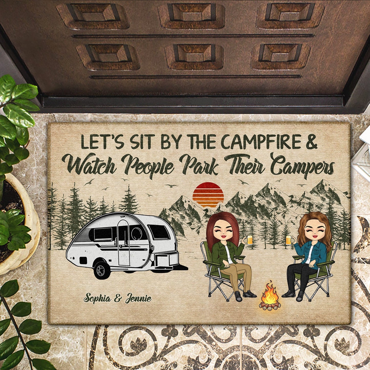 Camping Couple Sit By The Campfire - Gift For Couple - Personalized Custom Doormat