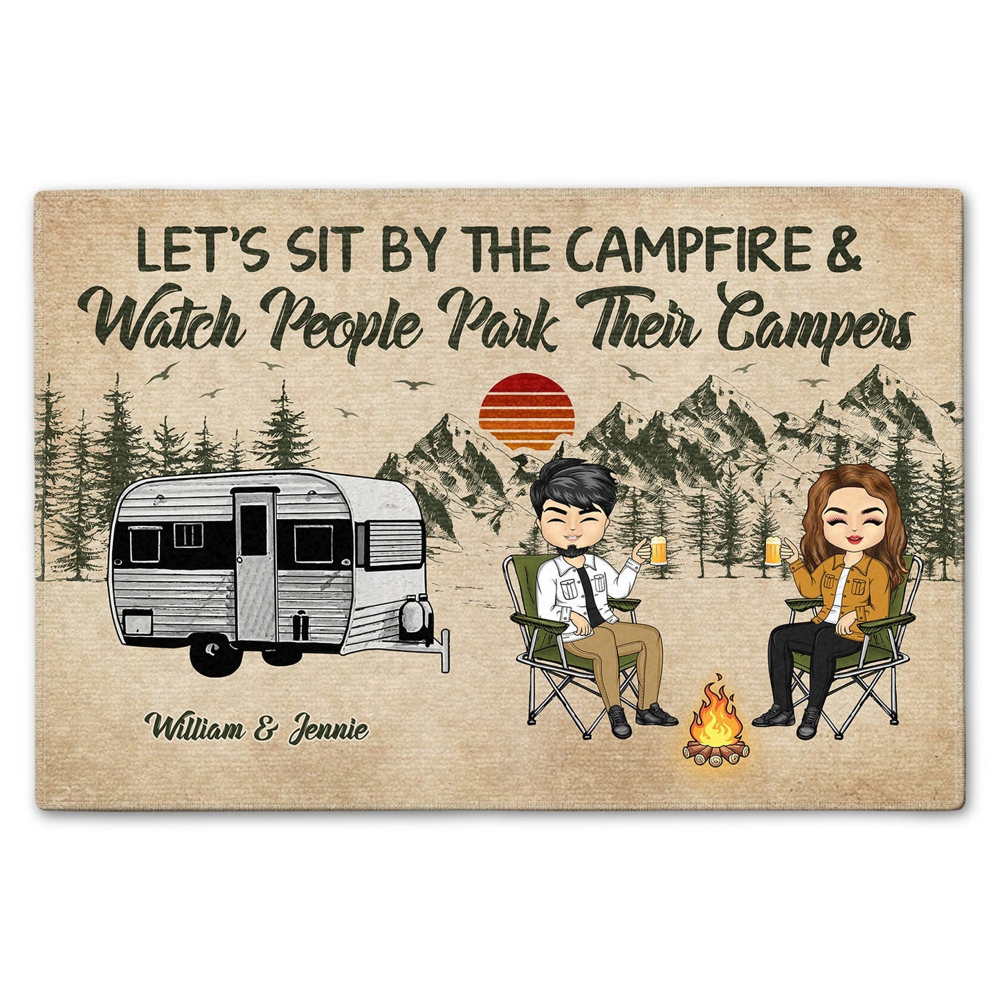 Camping Couple Sit By The Campfire - Gift For Couple - Personalized Custom Doormat