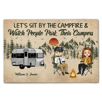 Camping Couple Sit By The Campfire - Gift For Couple - Personalized Custom Doormat