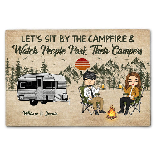 Camping Couple Sit By The Campfire - Gift For Couple - Personalized Custom Doormat
