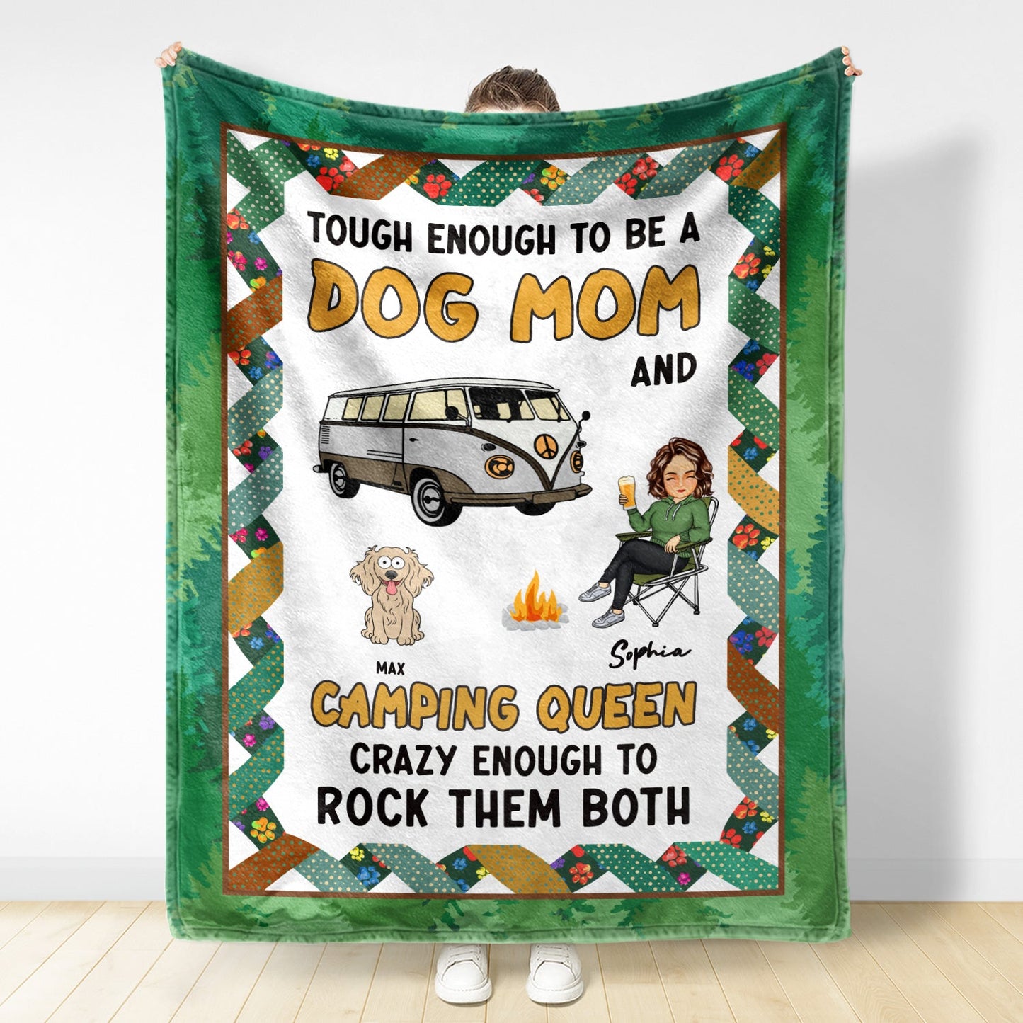 Dog Mom Camping Queen - Gift For Dog Lovers - Personalized Fleece Blanket