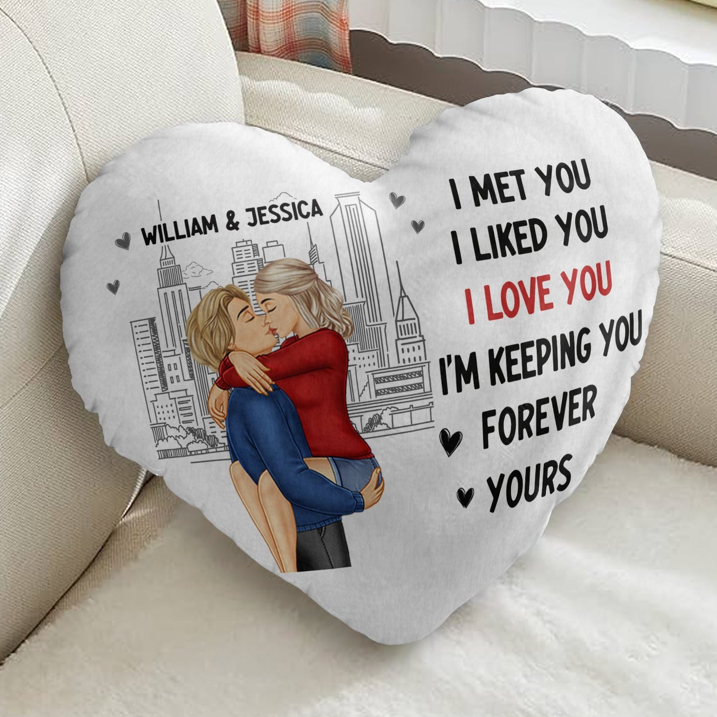 Couple Kissing Forever Yours - Gift For Couples - Personalized Heart Shaped Pillow