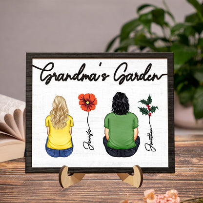 Backside Birth Month Flowers Garden - Gift For Grandma, Gift For Mother - Personalized 2-Layered Wooden Plaque With Stand