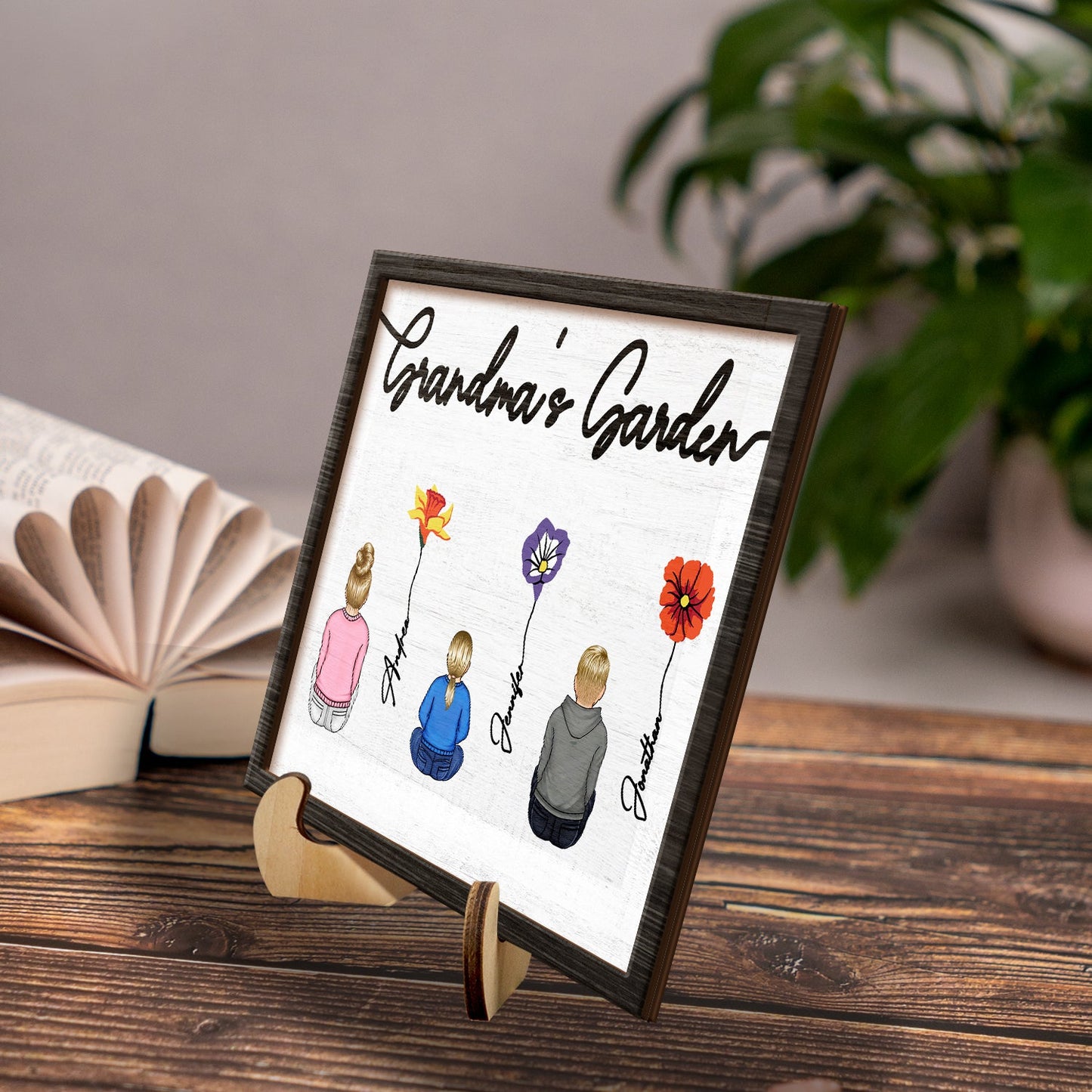 Backside Birth Month Flowers Garden - Gift For Grandma, Gift For Mother - Personalized 2-Layered Wooden Plaque With Stand