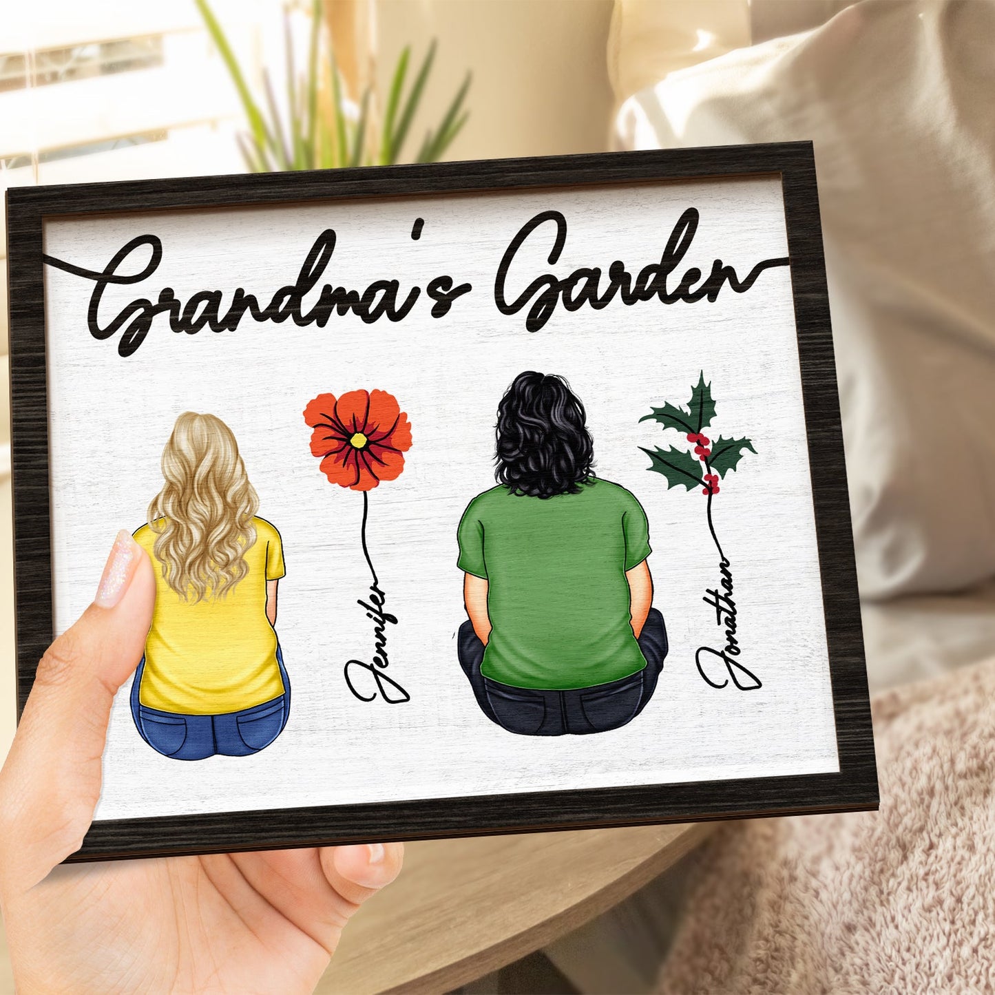 Backside Birth Month Flowers Garden - Gift For Grandma, Gift For Mother - Personalized 2-Layered Wooden Plaque With Stand