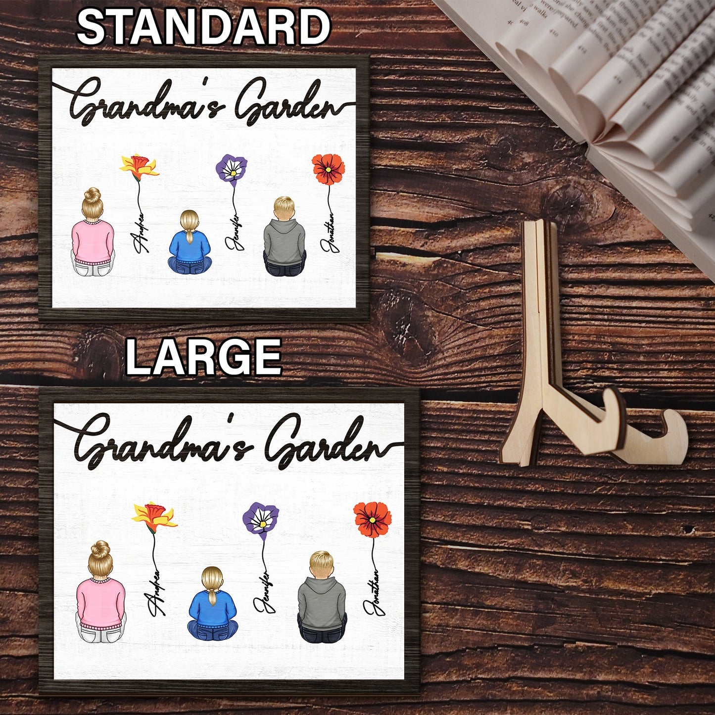 Backside Birth Month Flowers Garden - Gift For Grandma, Gift For Mother - Personalized 2-Layered Wooden Plaque With Stand