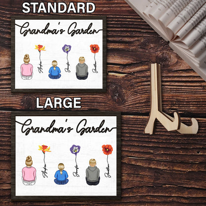 Backside Birth Month Flowers Garden - Gift For Grandma, Gift For Mother - Personalized 2-Layered Wooden Plaque With Stand