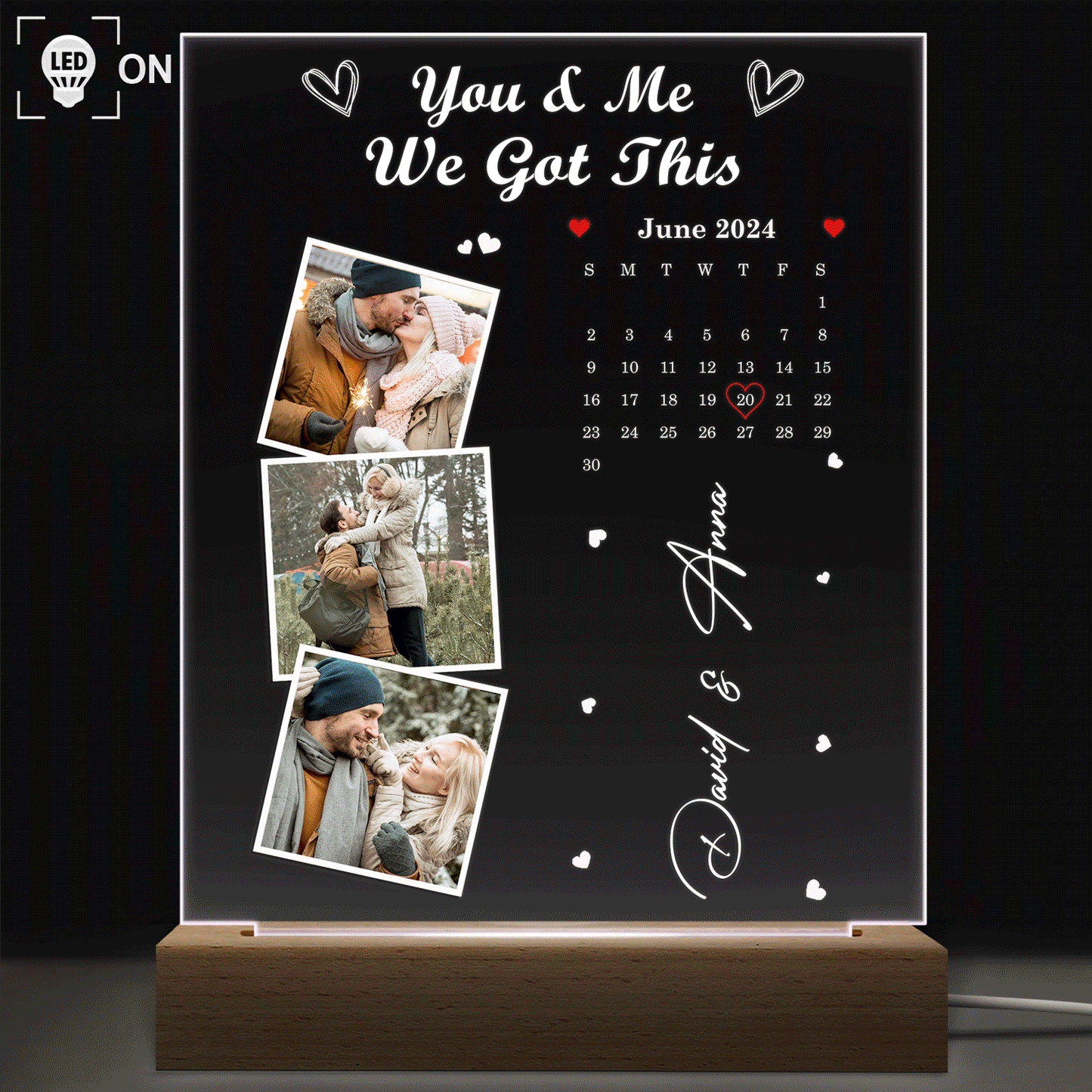 Custom Photo Calendar The Day Our Journey Began - Gift For Couples - Personalized 3D Led Light Wooden Base