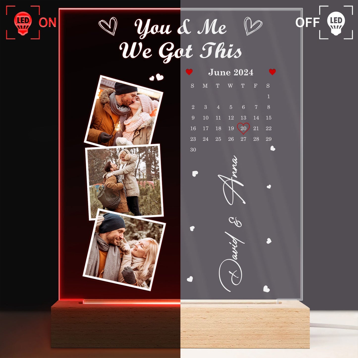 Custom Photo Calendar The Day Our Journey Began - Gift For Couples - Personalized 3D Led Light Wooden Base