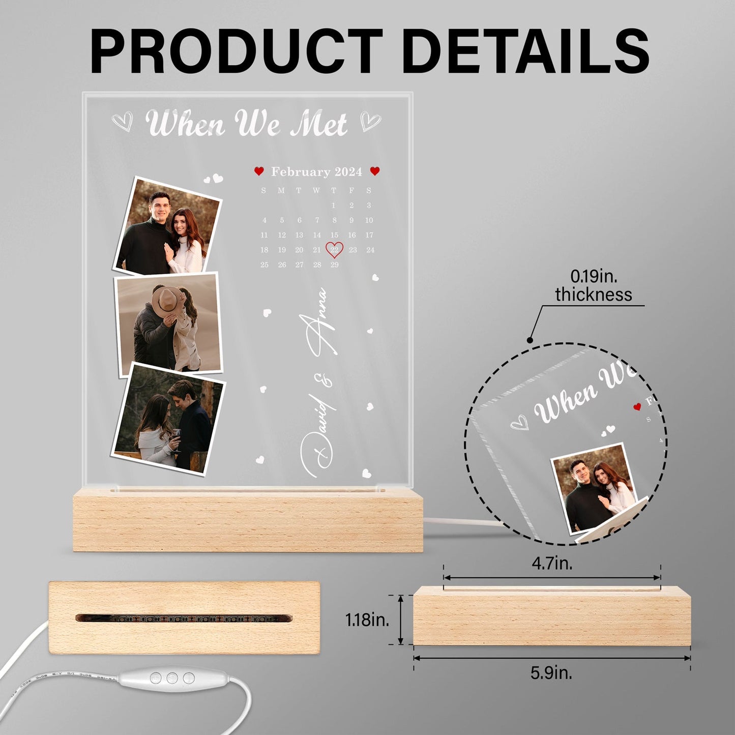 Custom Photo Calendar The Day Our Journey Began - Gift For Couples - Personalized 3D Led Light Wooden Base