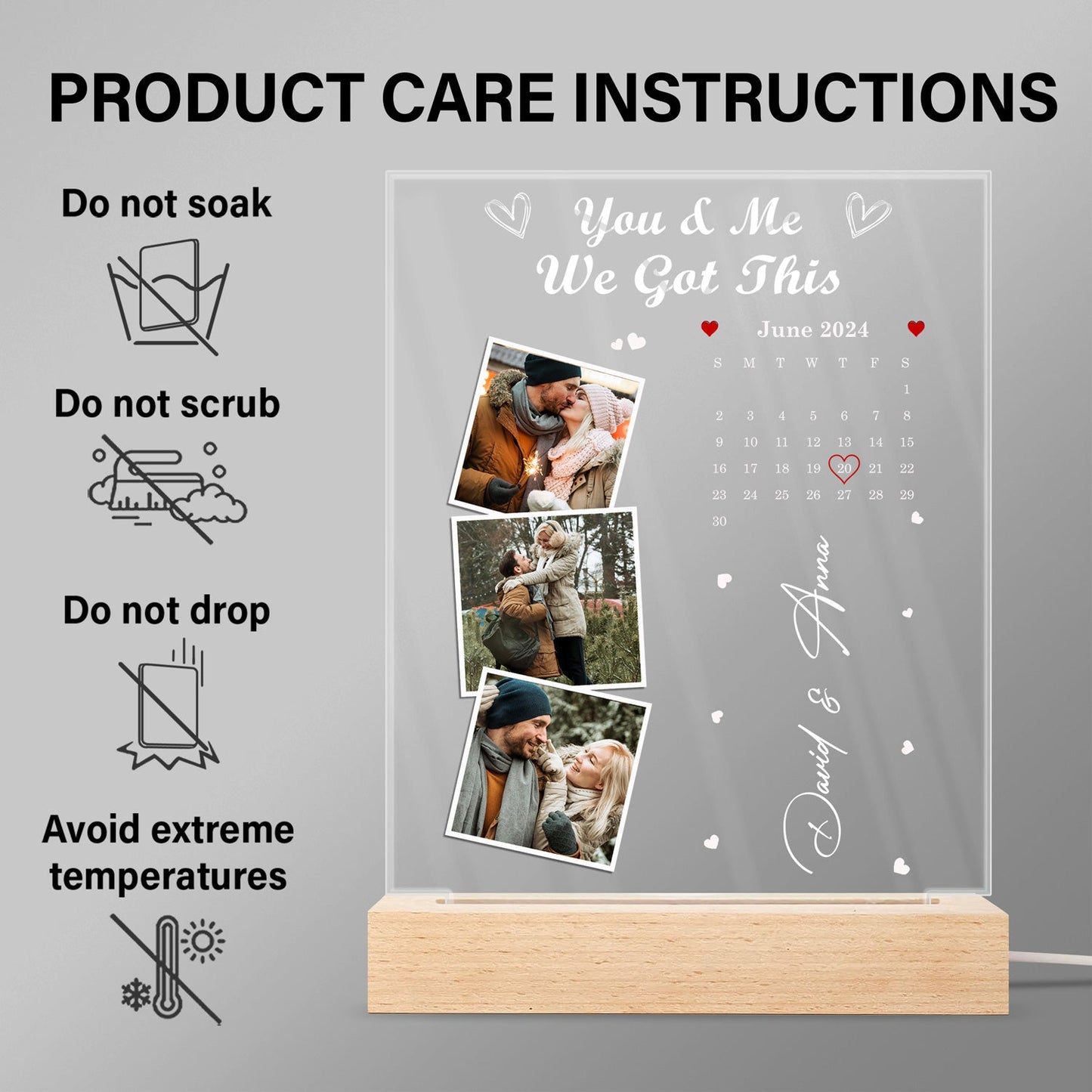 Custom Photo Calendar The Day Our Journey Began - Gift For Couples - Personalized 3D Led Light Wooden Base