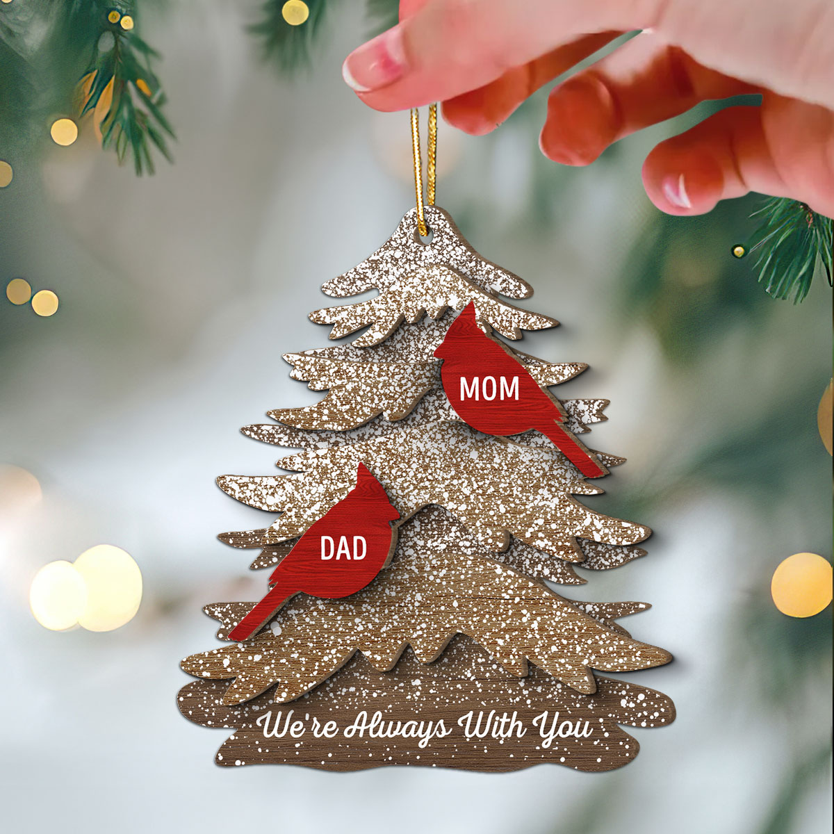 Rustic Christmas Tree Cardinals Always With You Memorial Christmas Personalized 2-Layer Wooden Ornament, Remembrance Gift, Sympathy Gift