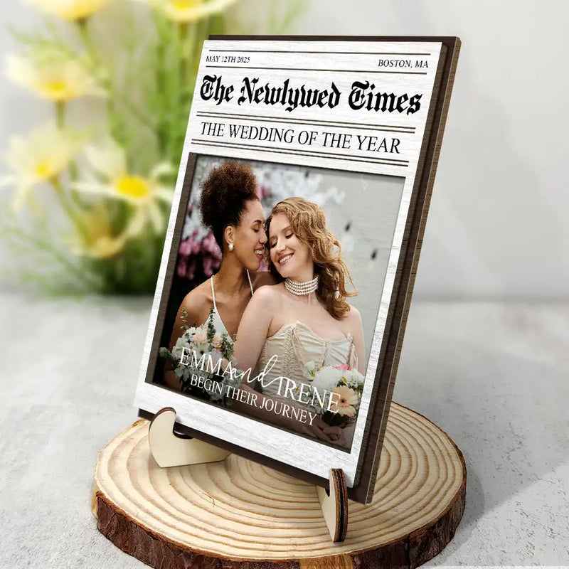 Custom Photo The Wedding Of The Year Newlywed Couples - Personalized 2-Layered Wooden Plaque With Stand