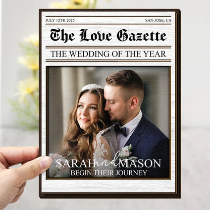 Custom Photo The Wedding Of The Year Newlywed Couples - Personalized 2-Layered Wooden Plaque With Stand