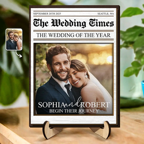 Custom Photo The Wedding Of The Year Newlywed Couples - Personalized 2-Layered Wooden Plaque With Stand