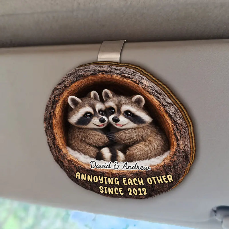 3D Effect Couple Raccoon Annoying Each Other - Personalized Custom Shaped Car Visor Clip