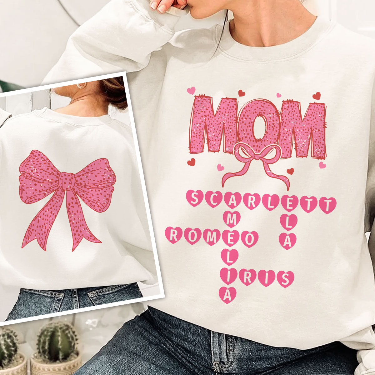 Grandma Nana Mimi Pink Coquette Crossword Puzzle  Gift Personalized Double Sided Sweatshirt