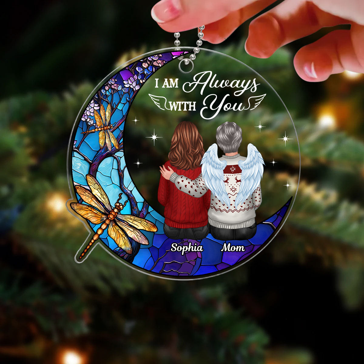 Stained Glass Moon Dragonflies Always With You Family Remembrance Memorial Keepsake Christmas Personalized Acrylic Ornament