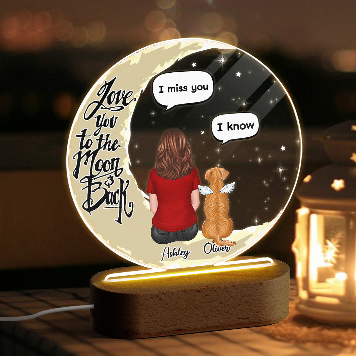 Love To The Moon Pet Memorial Personalized Circle Acrylic Plaque With LED Night Light - Sympathy Gift, Remembrance Keepsake For Pet Lover - Pet Loss Keepsake