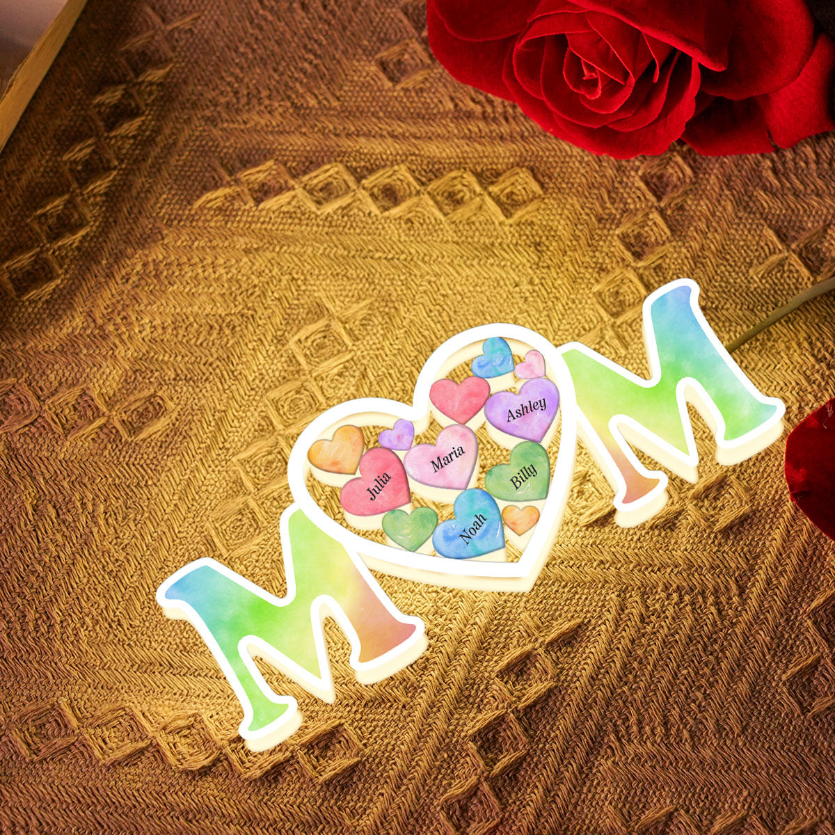 MOM Colorful Hearts In Heart Personalized Light Box, Mother's Day gift for Mom